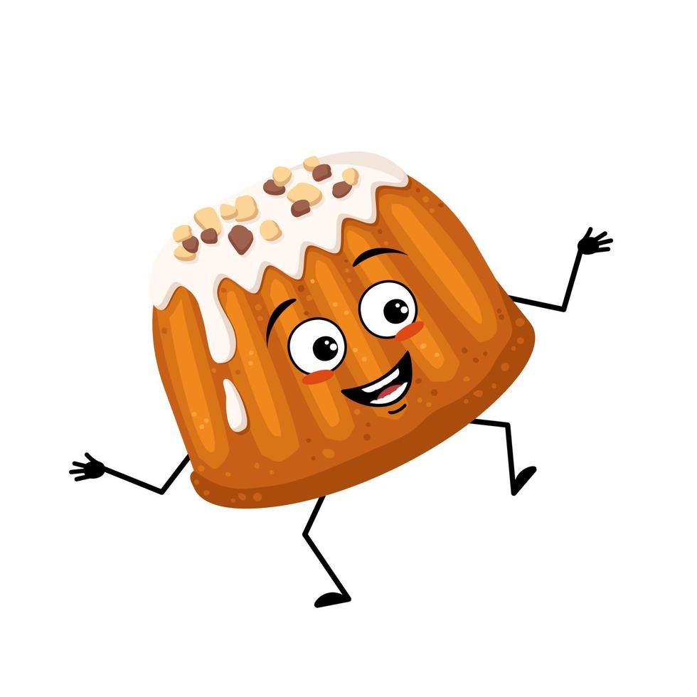 Süßer glasierter Muffin mit Nuss besprüht Charakter mit fröhlichen Emotionen, glücklichem Gesicht, Lächeln, Augen, Armen und Beinen. backende person, brötchen mit lustigem ausdruck. flache Vektorgrafik vektor