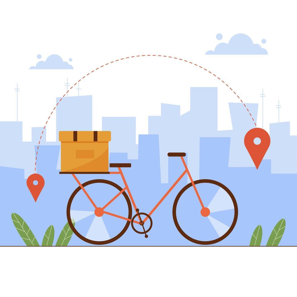 stadsbud leverans miljövänlig service på cykel. cykel med kartong, paket eller paket ombord. online beställning urban frakt koncept. vektor illustration i platt stil.