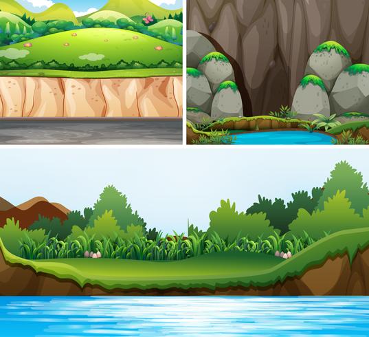 Tre scener av skogar och flod vektor