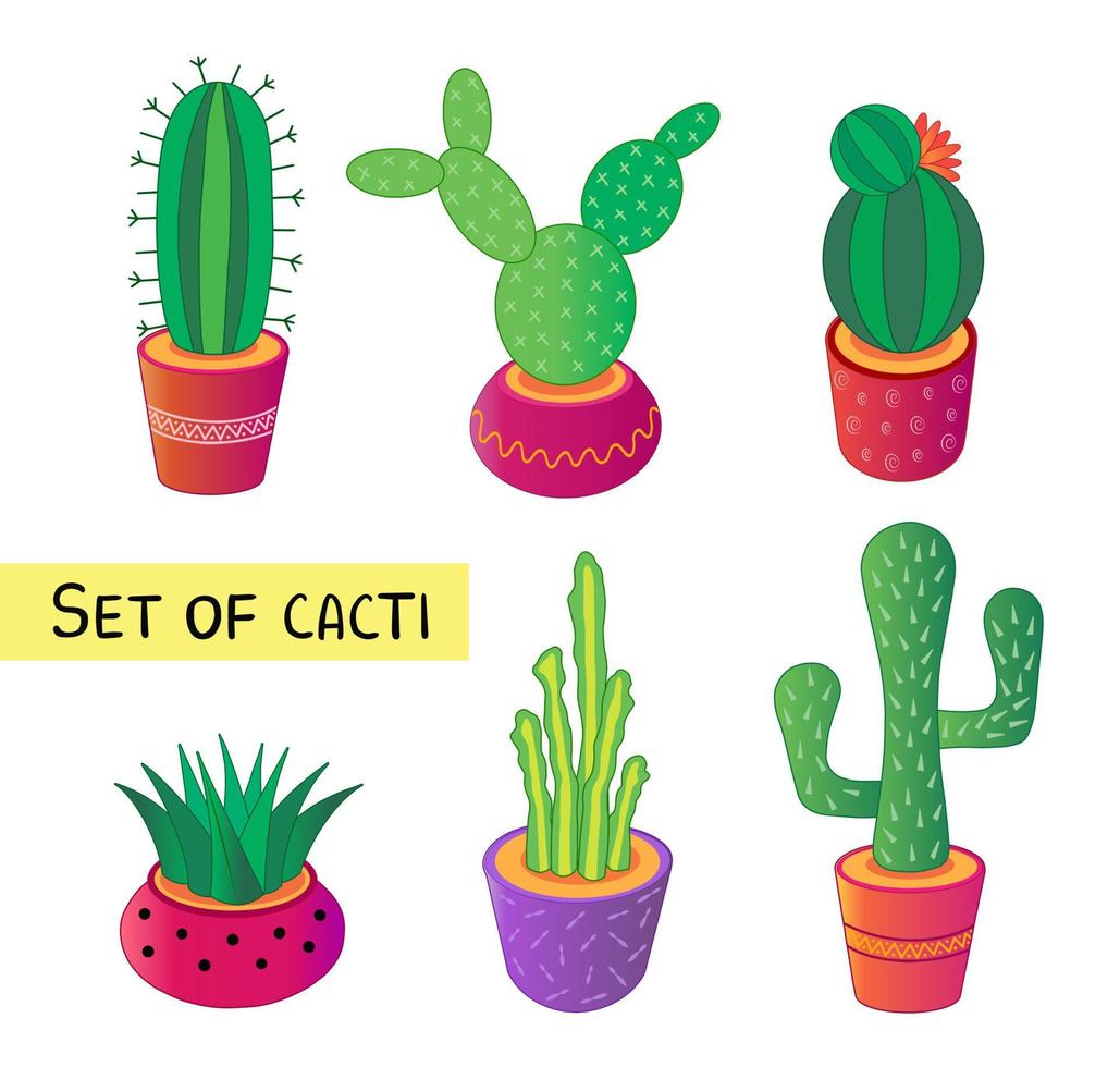 Cartoon-Kaktus-Set. Vektor-Set von hellen Kakteen, Aloe. farbige, helle Kakteenblüten auf weißem Hintergrund. Illustration für Hintergründe, Tapeten, Verpackungen, Grußkarten, Poster, Aufkleber. vektor