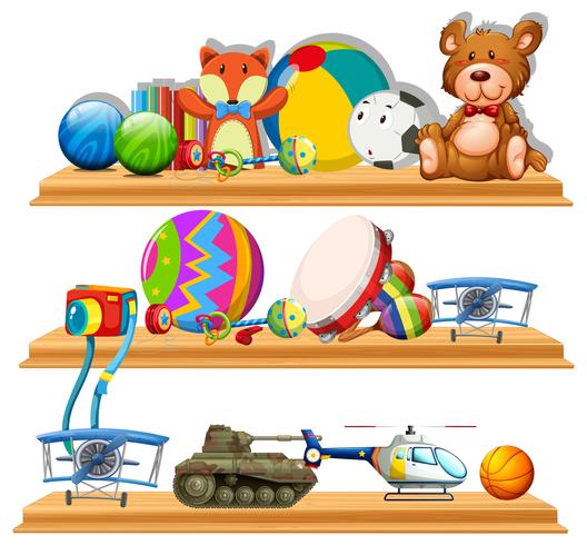 Verschiedene Arten von Spielzeug auf Holzregalen vektor
