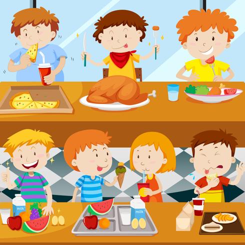 Många barn äter i matsalen vektor