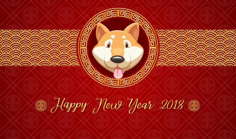 Gott nytt år kort mall med hund på röd bakgrund vektor