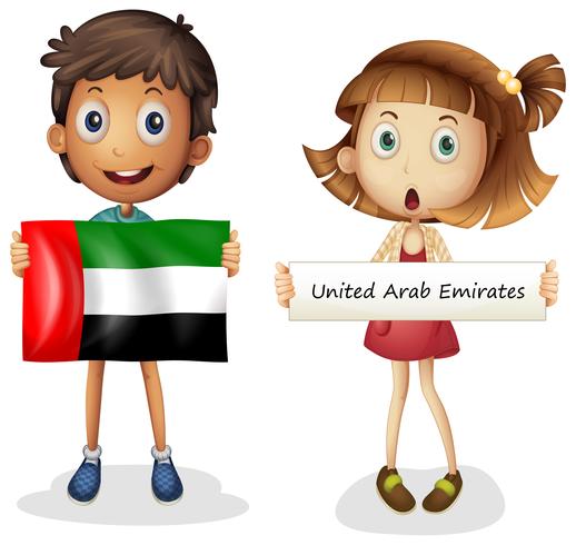 Jungen und Mädchen mit Flagge der Vereinigten Arabischen Emirate vektor