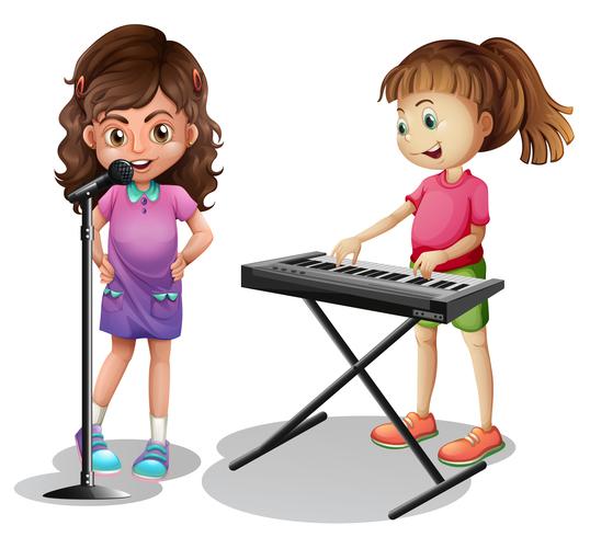 Mädchen singen und Mädchen, das elektronisches Klavier spielt vektor