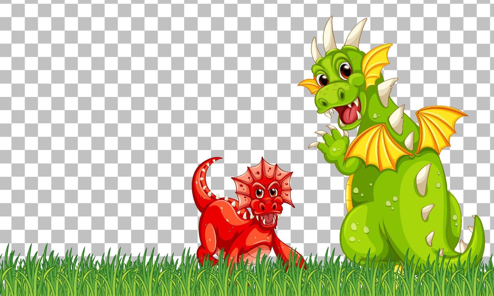 Drachen- und Babyzeichentrickfigur auf grünem Gras vektor