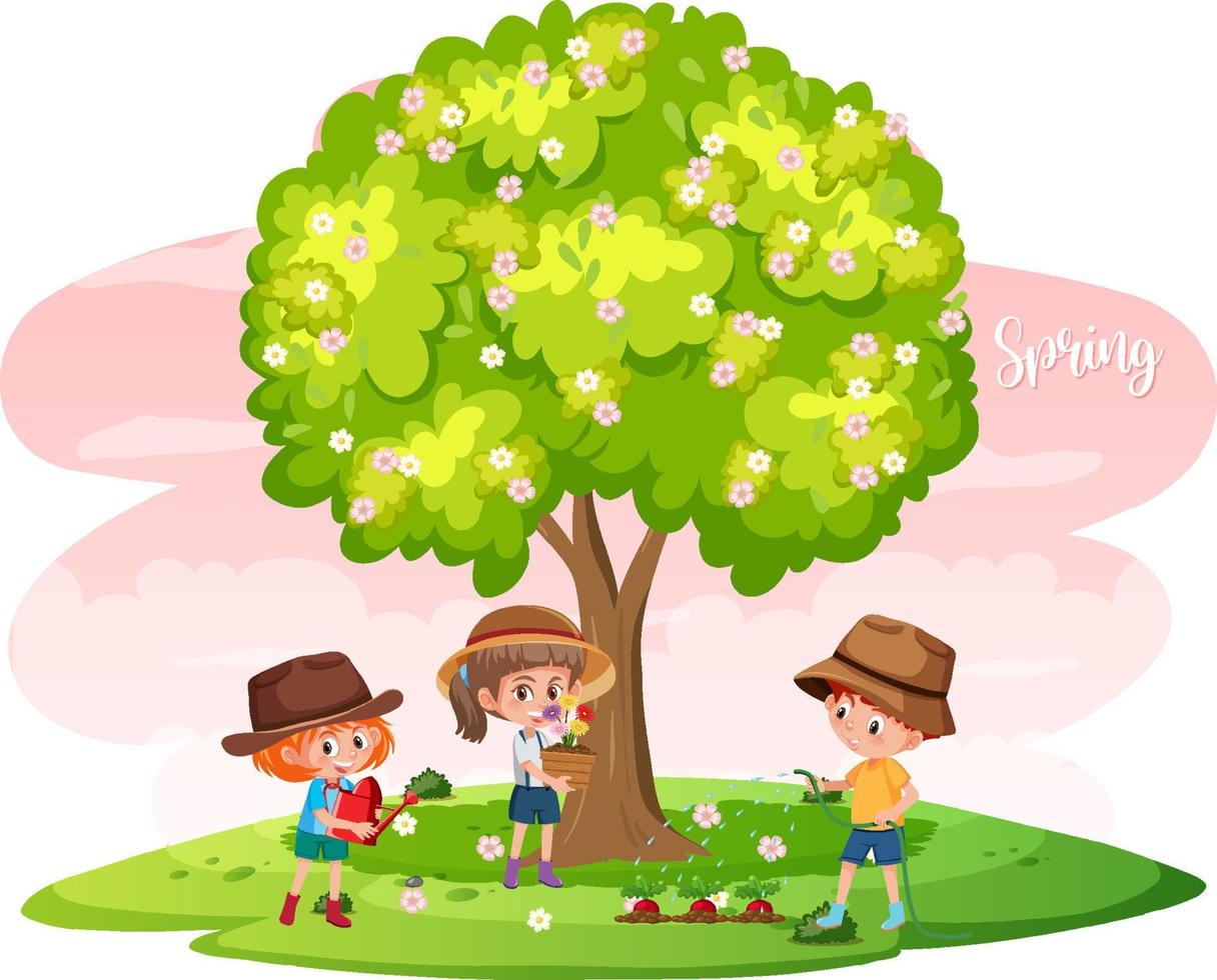 isolierter Baum mit Blumen und Kinder-Cartoon-Figur vektor