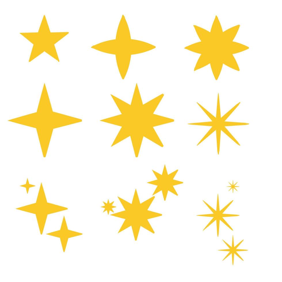 doodle stjärna ikoner. blinkande stjärnor. gnistrar, lysande brast. jul vektor symboler isolerade handritad stil