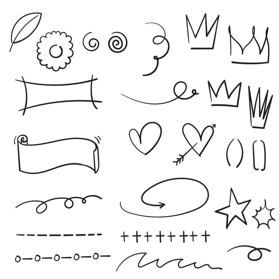samling av vintage dekorativa doodles. handritad band, konturpilar och doodle semesterkort dekorationer. blomma, hjärta, stjärna och böjda linjer svart bläck utsmyckade. isolerade vektor symboler vektor