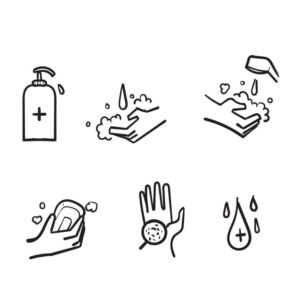 handgezeichnete einfache Reihe von Händewaschen im Zusammenhang mit Vektor-Doodle-Icons. enthält Symbole wie Waschanleitung, Antiseptikum, Seife und mehr.isoliert vektor