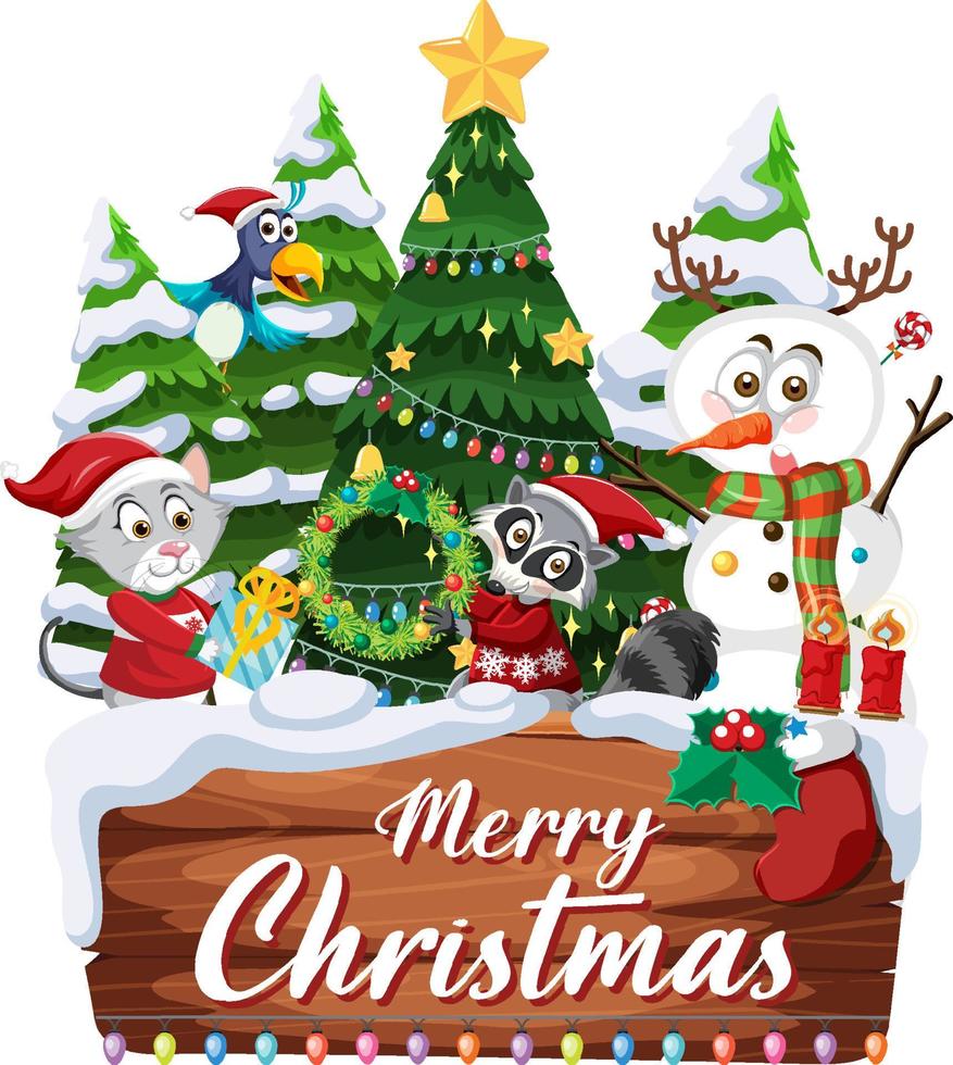 Frohe Weihnachten-Banner mit Schneemann und Tieren Cartoon-Figur vektor
