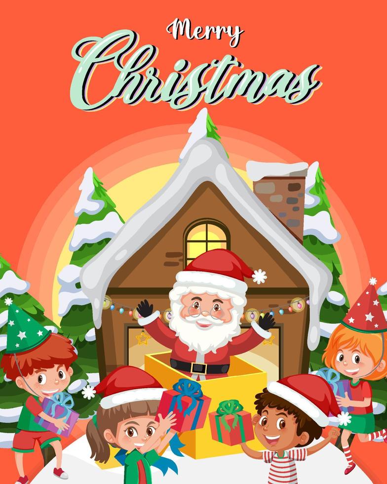 Frohe Weihnachten-Plakat-Vorlage mit Weihnachtsmann und Kindern vektor