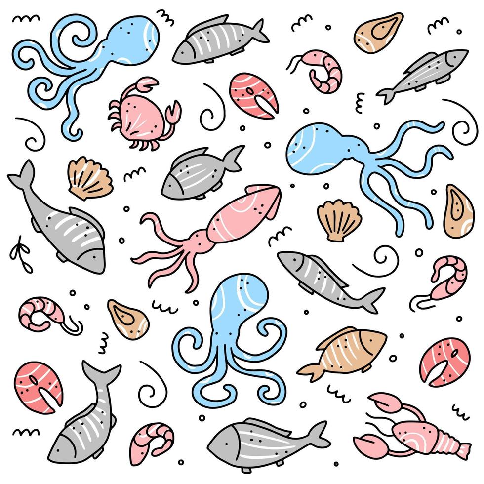 handgezeichneter Satz von Meeresfrüchte-Elementen. Doodle-Stil-Vektor-Illustration. vektor