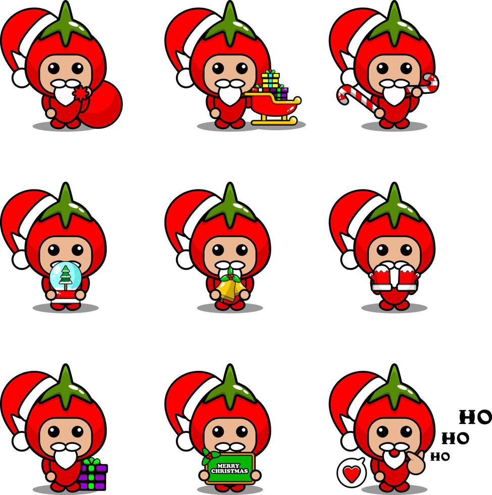 vektor seriefigur söt tomat grönsak maskot kostym uppsättning jul bunt