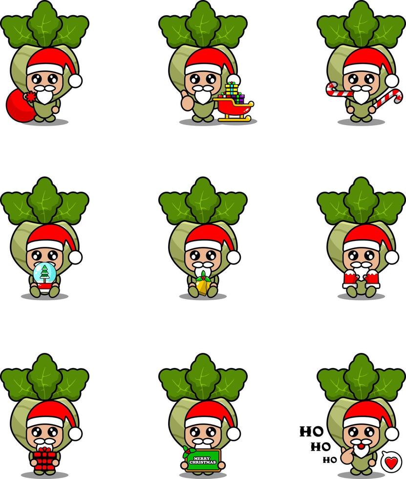 vektor seriefigur söt kålrabbi vegetabiliska maskot kostym uppsättning jul bunt