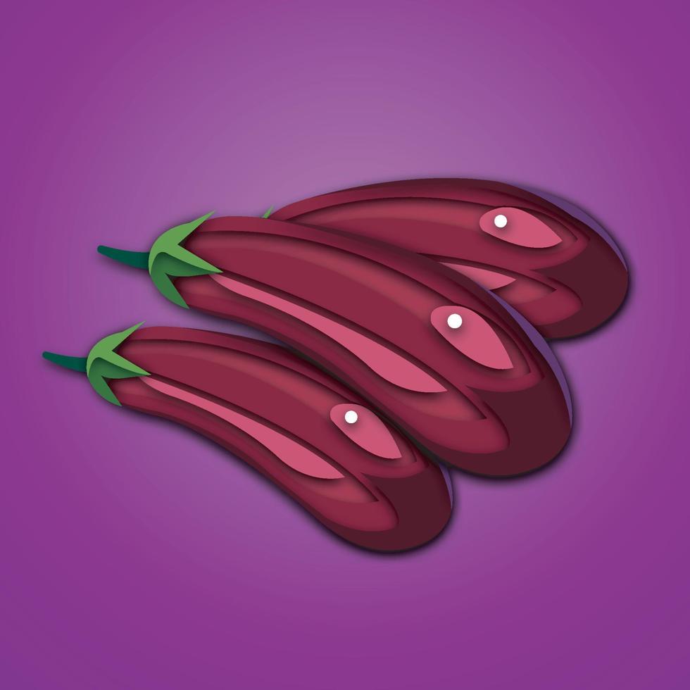 Cartoon-Aubergine im modernen geometrischen 3D-Papierschnitt-Stil isoliert auf buntem Hintergrund, abstrakte Designillustration des minimalistischen Konzepts vektor