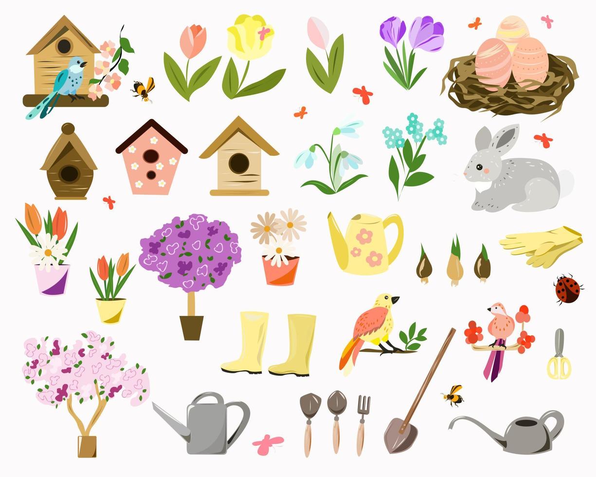 Frühlingsset mit Vögeln und Blumen und Gartenarbeit vektor