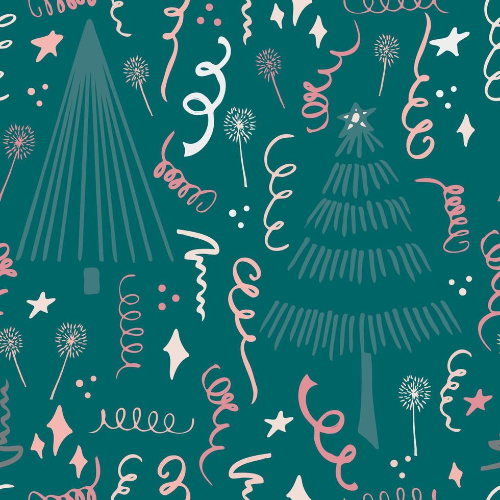 Weihnachten Hintergrund Party Feier Vektor nahtlose Muster stilisierte Weihnachtsbäume mit Süßigkeiten und Wunderkerzen. Tapete für Geschenkpapier, Einladungen, Papier und Karten, Website-Hintergründe.