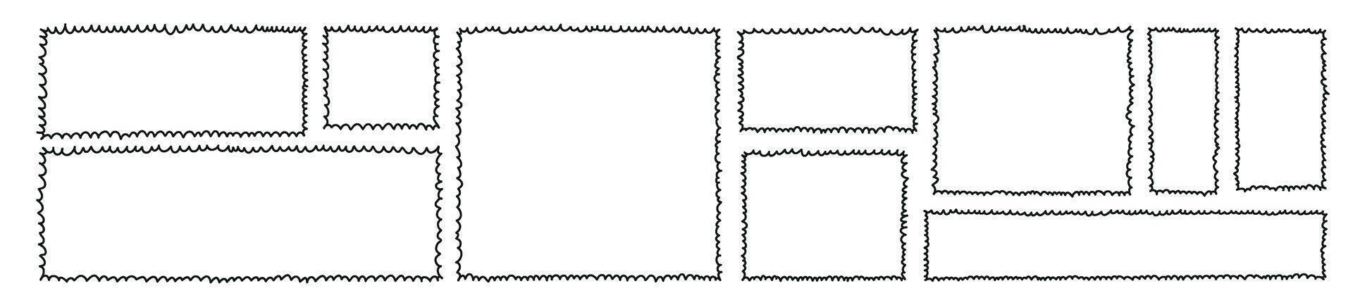 wellig und überbacken Rahmen Kringel Linien. Umrisse Rechteck und Platz mit gebogen Grenzen. eben Illustration isoliert auf Weiß Hintergrund. vektor