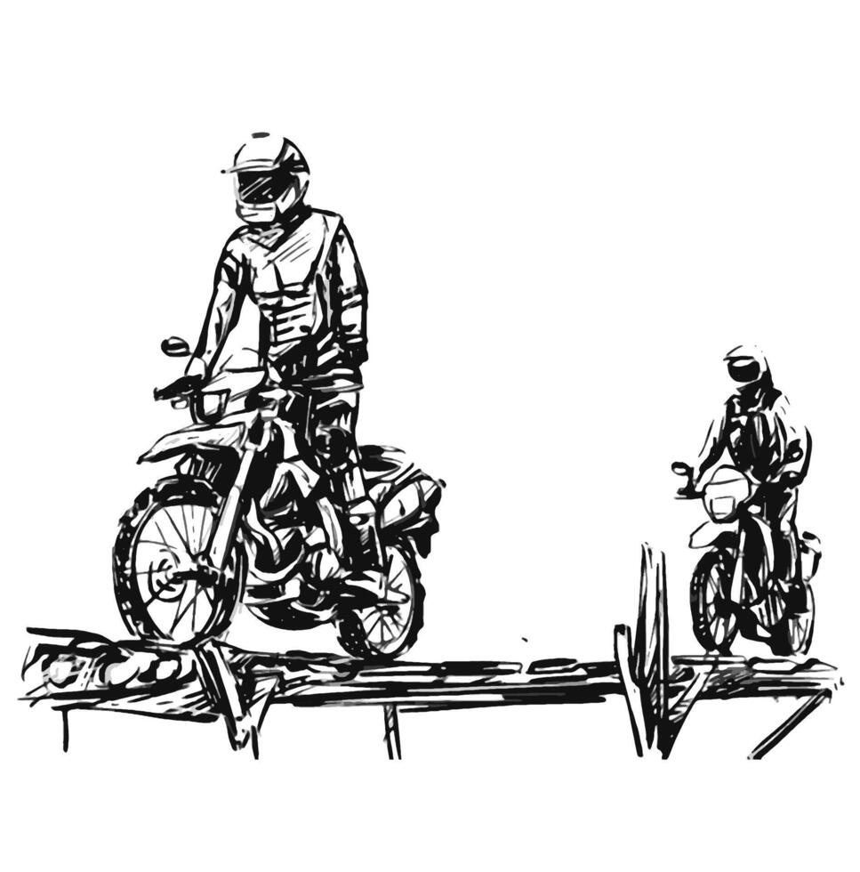 Zeichnung von 2 Moto-Cross Fahrer Fahren Kreuz das Brücke vektor