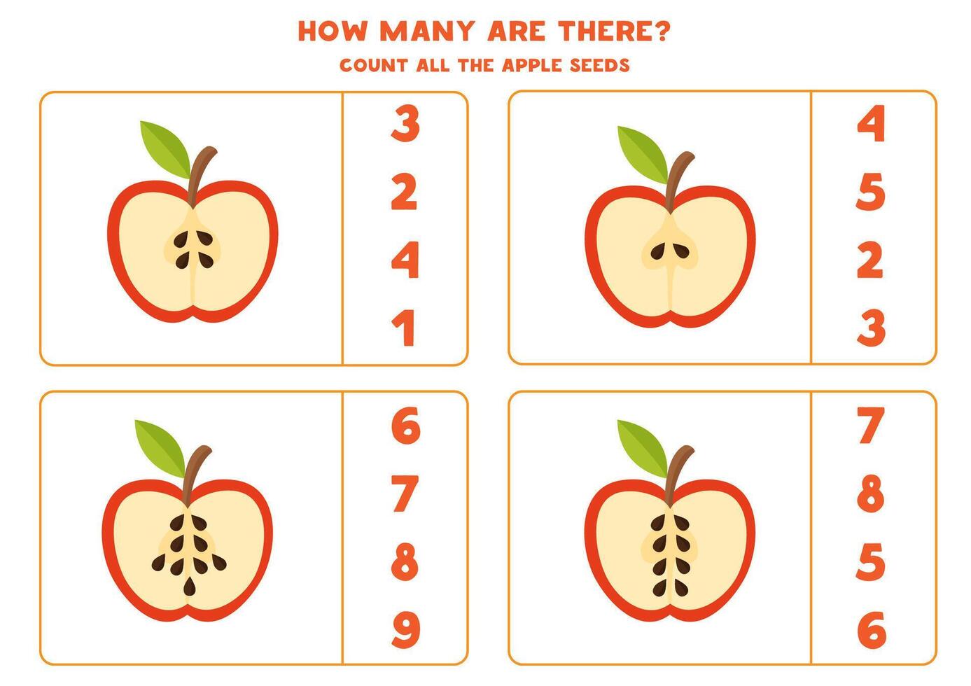 räkna Allt äpple frön och cirkel de korrekt svarar. vektor