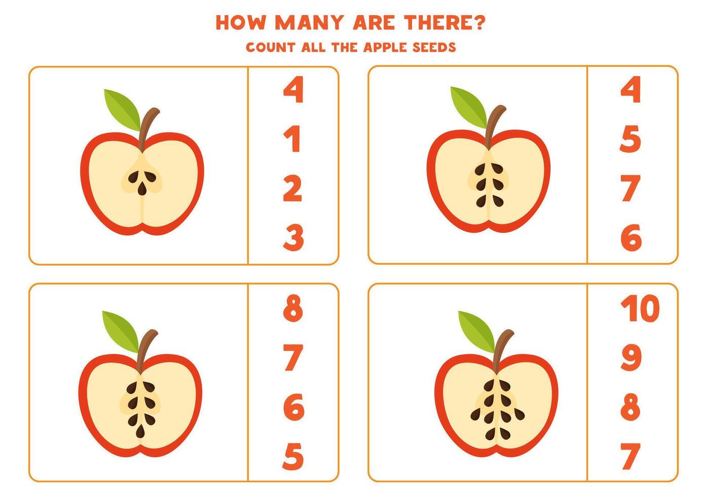 Anzahl alle Apfel Saat und Kreis das richtig Antworten. vektor