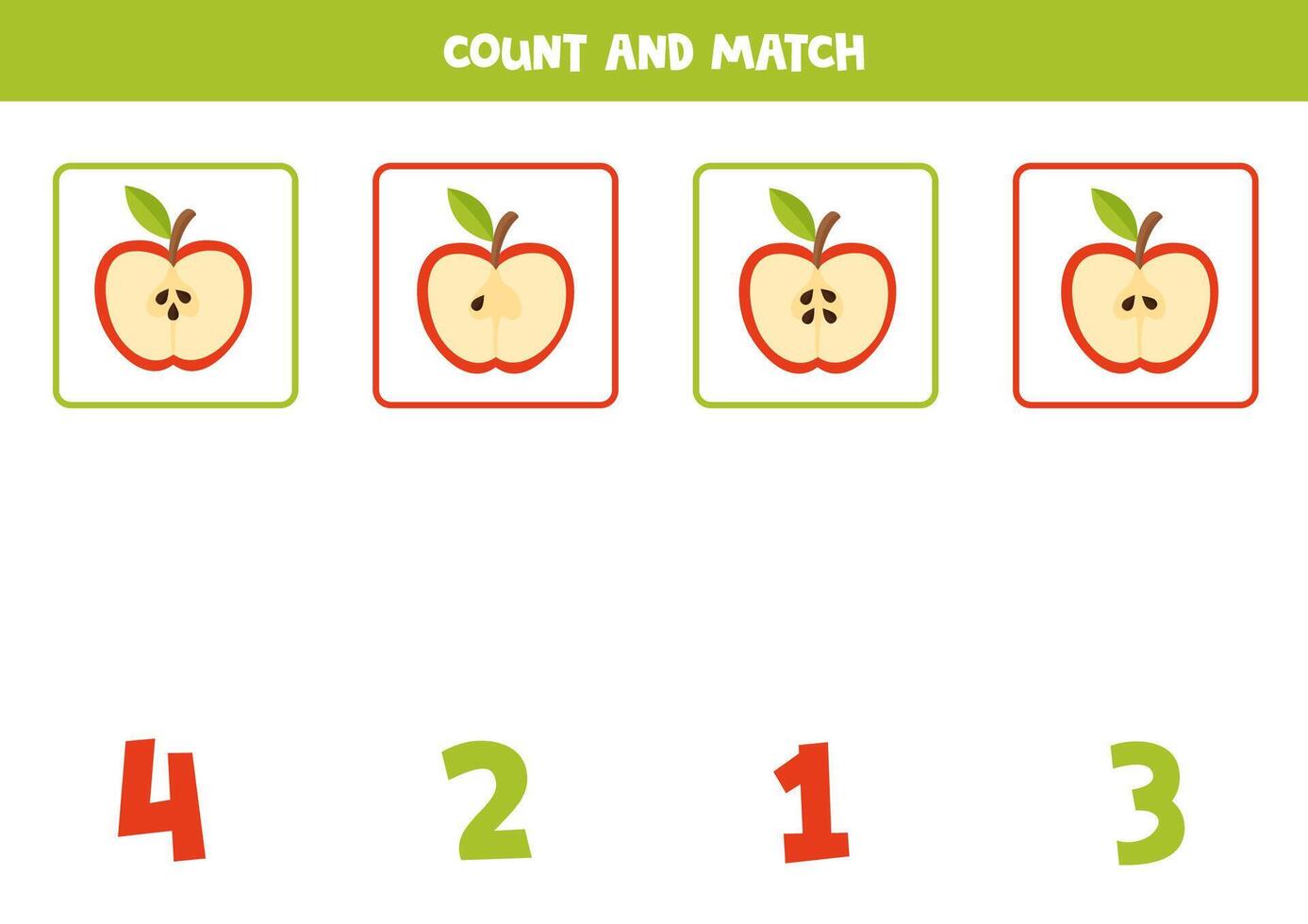 räkning spel för ungar. räkna Allt äpple frön och match med tal. kalkylblad för barn. vektor