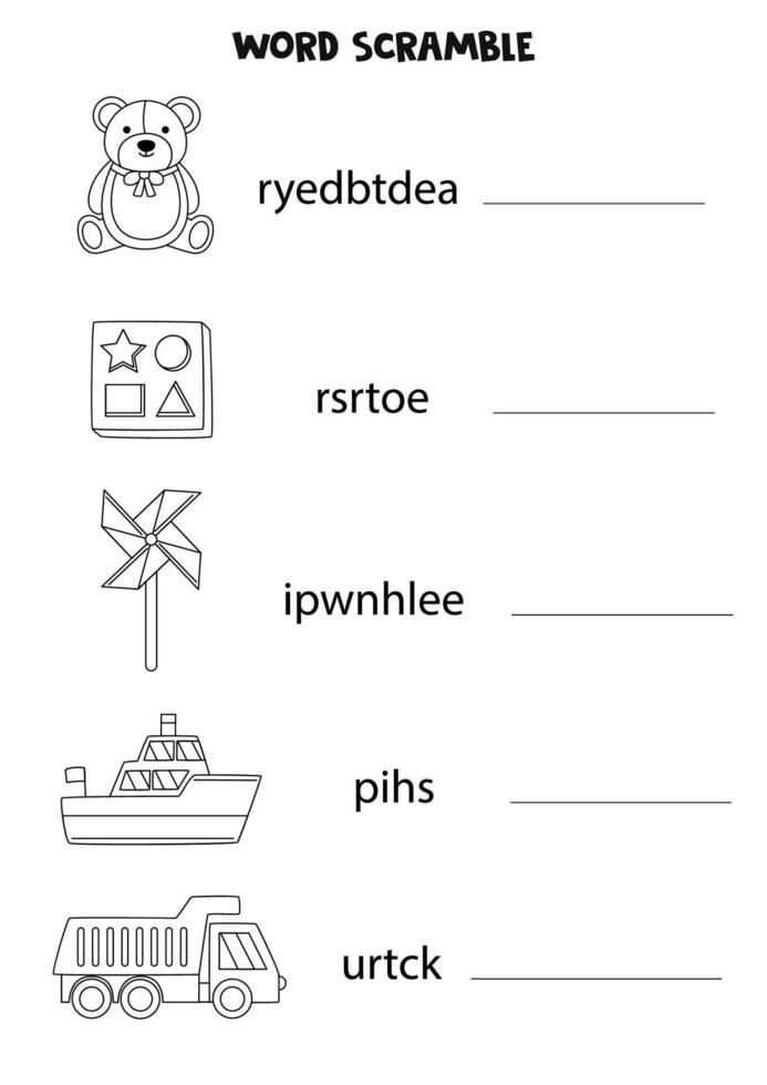 Puzzle zum Kinder. Wort Gerangel zum Kinder. schwarz und Weiß Spielzeuge. vektor