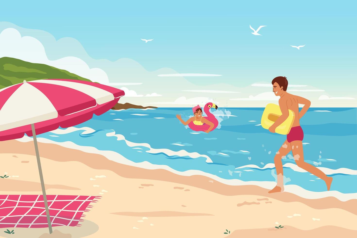 fröhlich Mädchen im Flamingo Schwimmen Kreis. Junge läuft entlang das Strand mit ein aufblasbar Floß zum Baden. Kinder Strand Aktivitäten und Spaß. bezaubernd freunde haben Spaß auf Urlaub. eben vektor