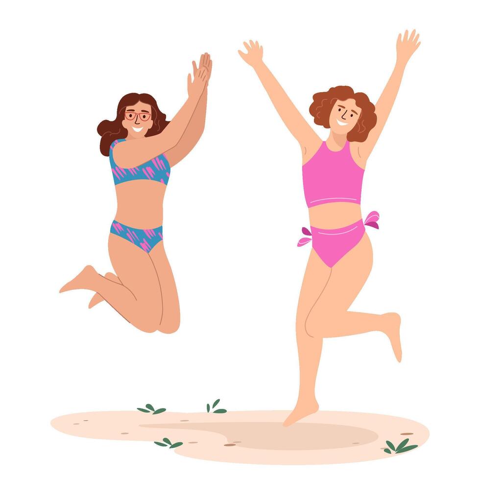 glücklich Mädchen Springen oben auf Strand. fröhlich Frauen im Bademode, aufgeregt Über Sommer- Urlaub. positiv energisch weiblich. eben Grafik Illustration isoliert auf Weiß Hintergrund vektor