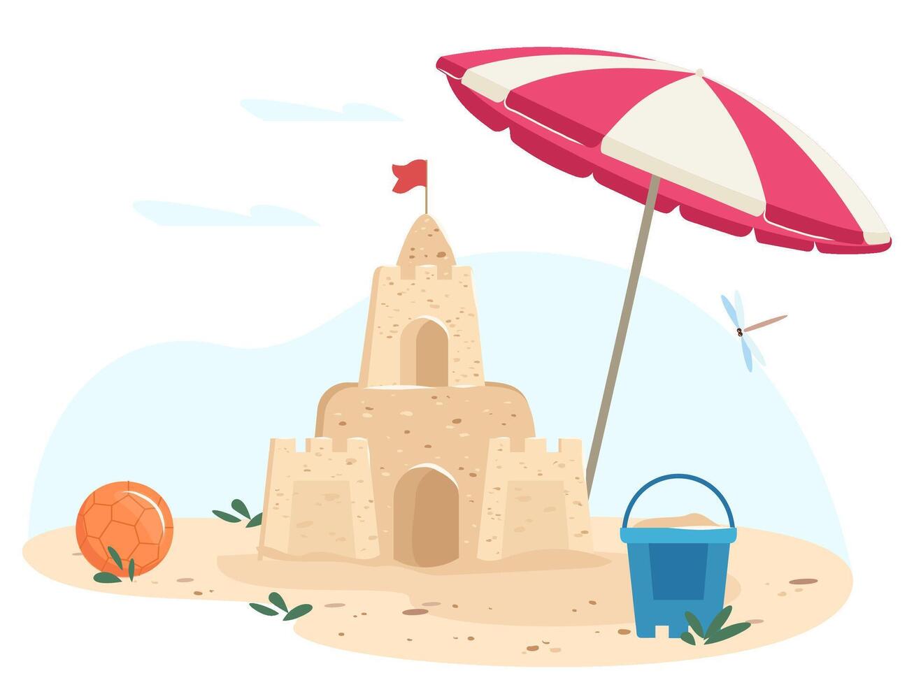 korthus på de stranden. strand sand slott illustration i platt stil isolerat på vit bakgrund. Lycklig barndom. fästning med torn, grindar och flagga vektor