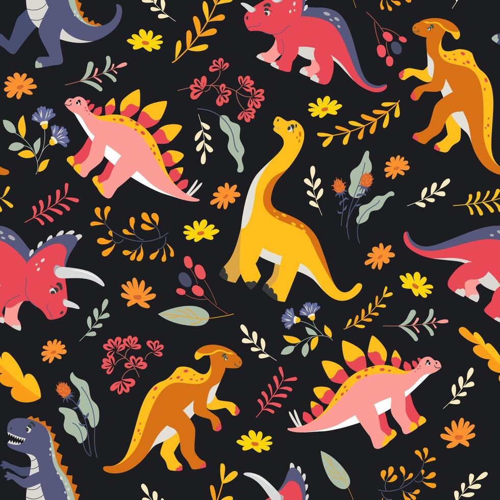 farbig nahtlos wiederholen Muster zum Kinder mit süß Dinosaurier, Pflanzen und Blumen auf dunkel Hintergrund. hell Mädchen Muster mit Rosa und Gelb dino. vektor