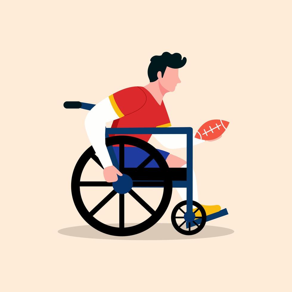 Karikatur Illustration von ein Person mit ein Rollstuhl spielen Baseball, Rugby. Abs Athlet paralympisch Baseball, Rugby. vektor