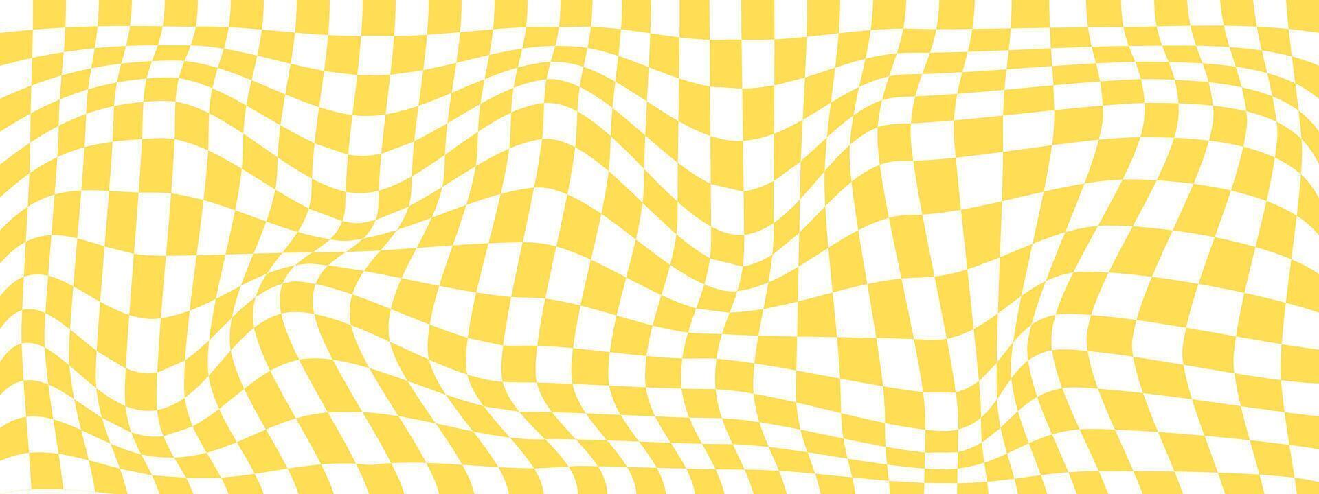 psychedelisch Muster mit verzogen Orange und Weiß Quadrate. trippy Schachbrett Textur. verzerrt Schach Tafel Hintergrund. kariert optisch Illusion. vektor