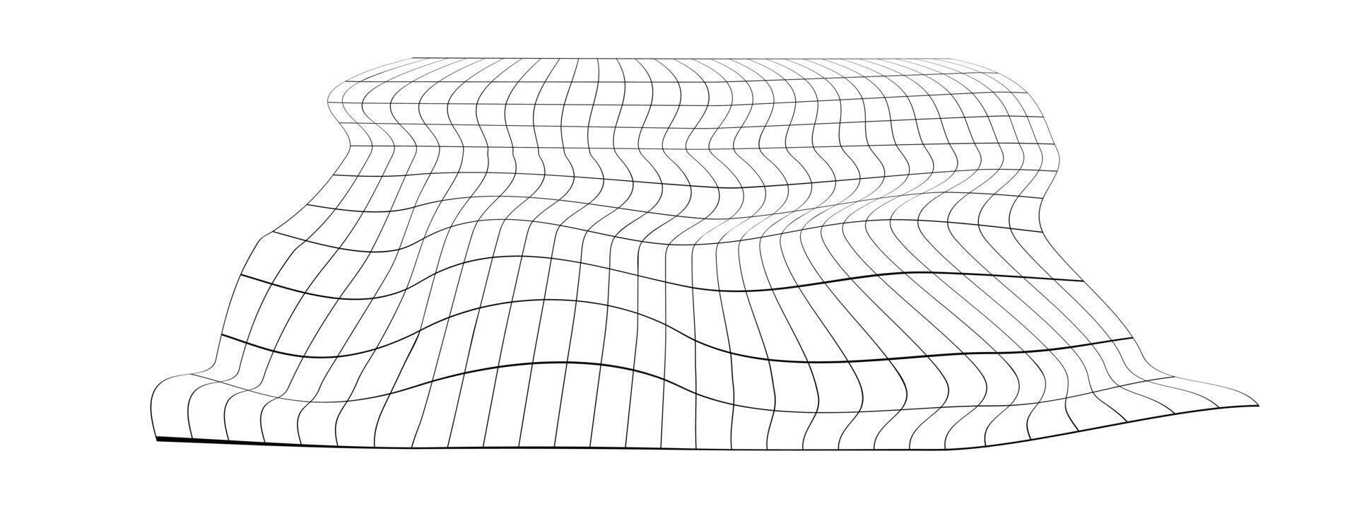 förvrängd rutnät. skev maska textur. netto med krökt effekt. rutig mönster deformation. böjd gitter yta isolerat på vit bakgrund. vektor