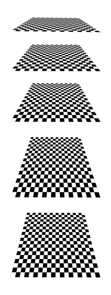 uppsättning av rutig plan i perspektiv isolerat på vit bakgrund. kaklade golv punkt av se. sluttande checkerboard textur. lutande styrelse med svart och vit squaresd mönster. vektor