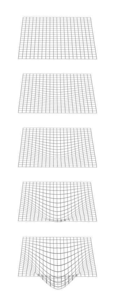 Prozess von Gitter Verzerrung. einstellen von Gittergewebe verzogen Texturen. Netz mit konvex Wirkung. geometrisch Verformung. Schwere Phänomen. gebogen Gitter Oberfläche. vektor