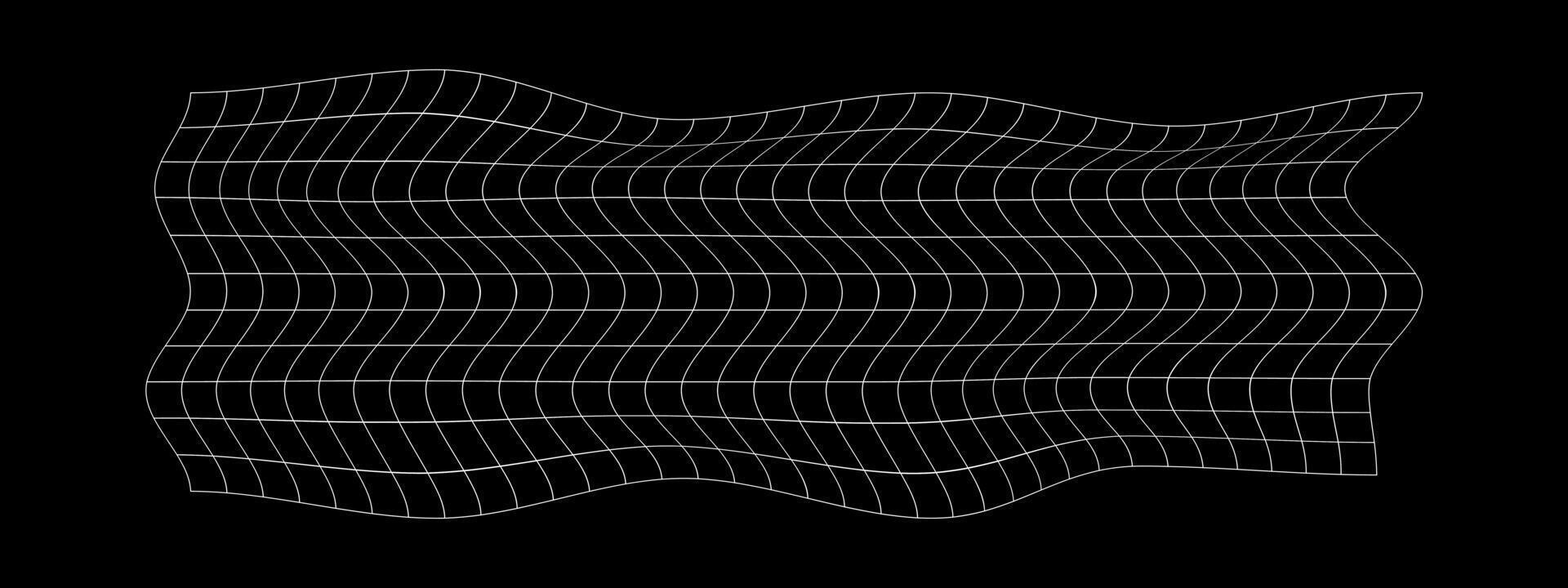 verzerrt Weiß Gitter auf schwarz Hintergrund. verzogen Gittergewebe Textur. Fisch Netz mit gekrümmt Wirkung. kariert Muster Verformung. gebogen Gitter Oberfläche. vektor