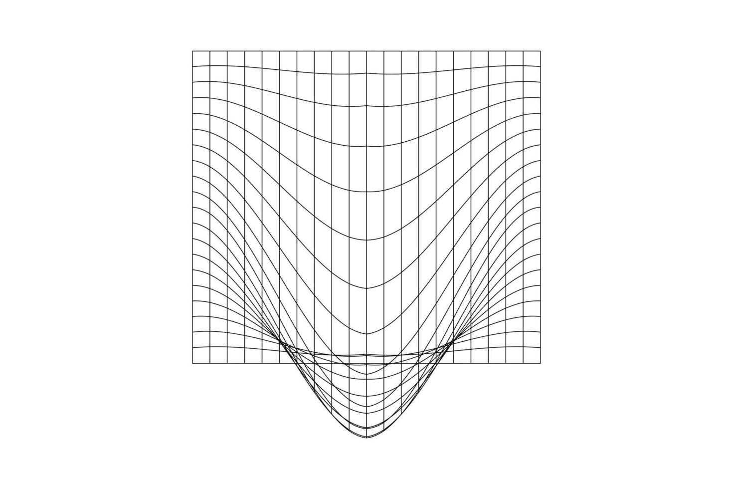 verzerrt Netz. Gittergewebe Kette Textur. futuristisch Netz mit konvex Wirkung. geometrisch Verformung. Schwere Phänomen. gebogen Gitter Oberfläche isoliert auf Weiß Hintergrund. vektor