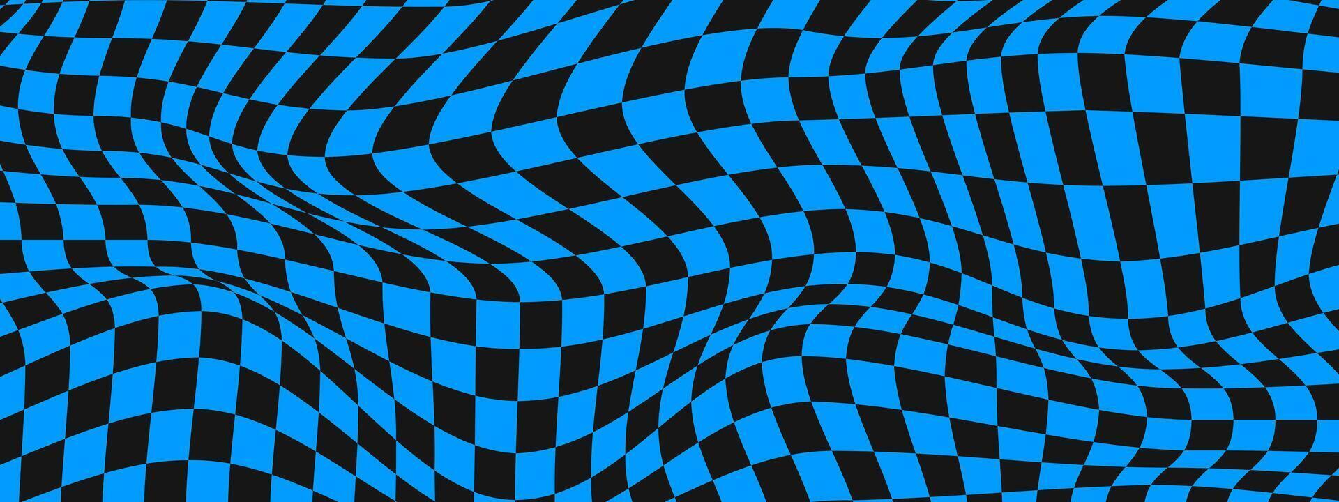 verzerrt Schach Tafel Hintergrund. psychedelisch Muster mit verzogen schwarz und Blau Quadrate. trippy Schachbrett Textur. kariert optisch Illusion. vektor