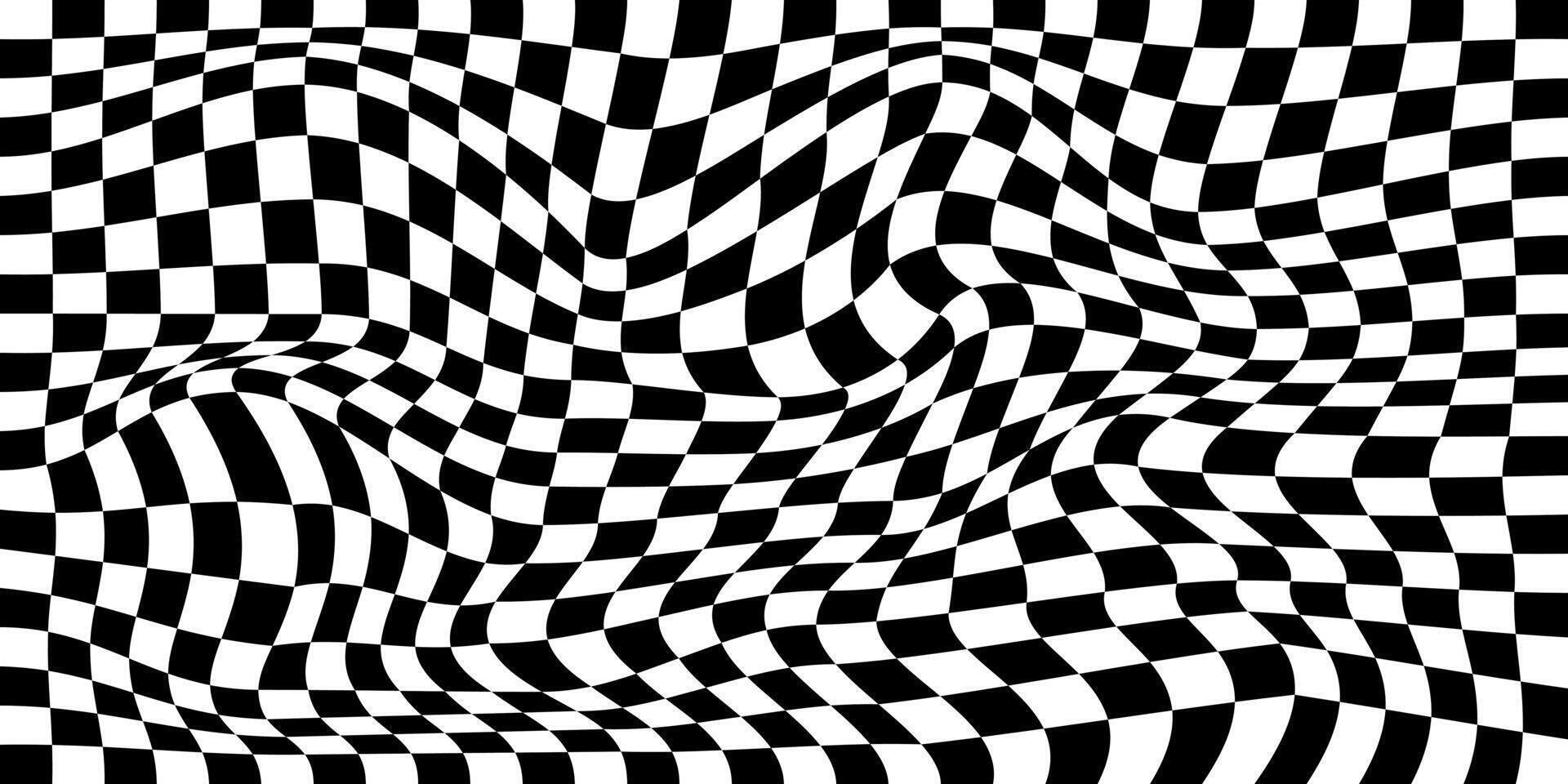 verzerrt Schach Tafel Hintergrund. kariert optisch Illusion. psychedelisch Muster mit verzogen schwarz und Weiß Quadrate. Rennen Flagge Textur. trippy Schachbrett Oberfläche. vektor