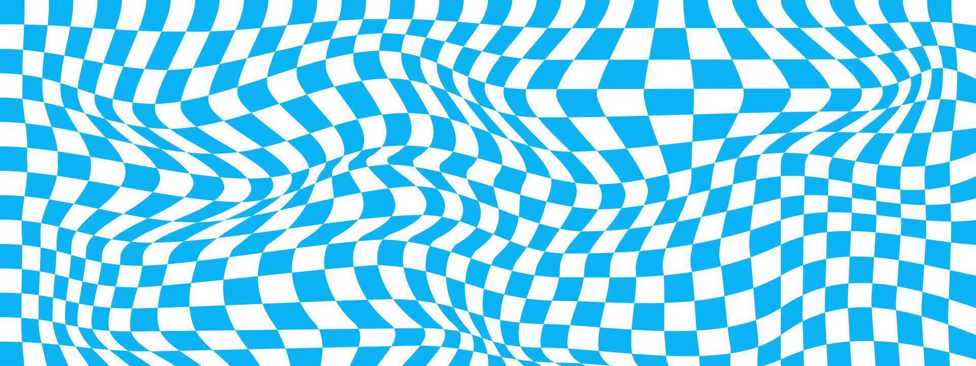 verzerrt Blau und Weiß Schachbrett Hintergrund. kariert optisch Illusion. psychedelisch Muster mit verzogen Quadrate. trippy Schachbrett Textur vektor