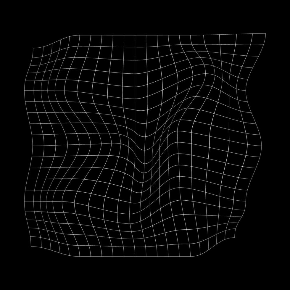 förvrängd fyrkant rutnät. skev maska textur. krökt netto. rutig mönster deformation. böjd vit gitter yta isolerat på svart bakgrund. vektor