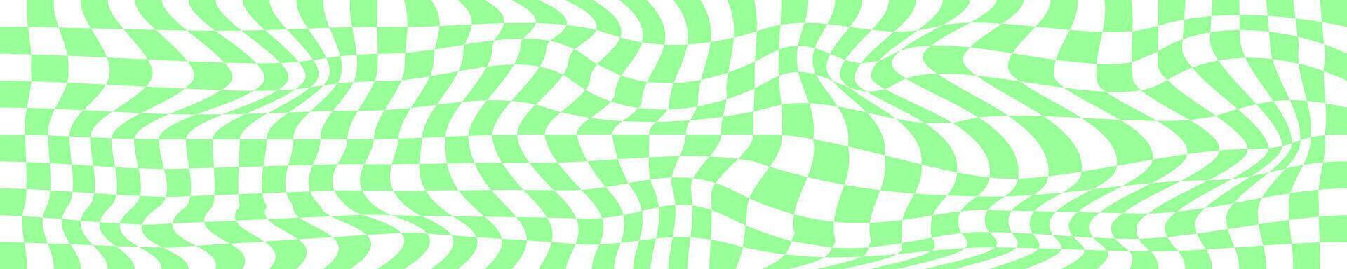 psychedelic mönster med skev grön och vit rutor. förvrängd schack styrelse bakgrund. rutig optisk illusion. galen geometrisk design. trippy checkerboard yta. vektor