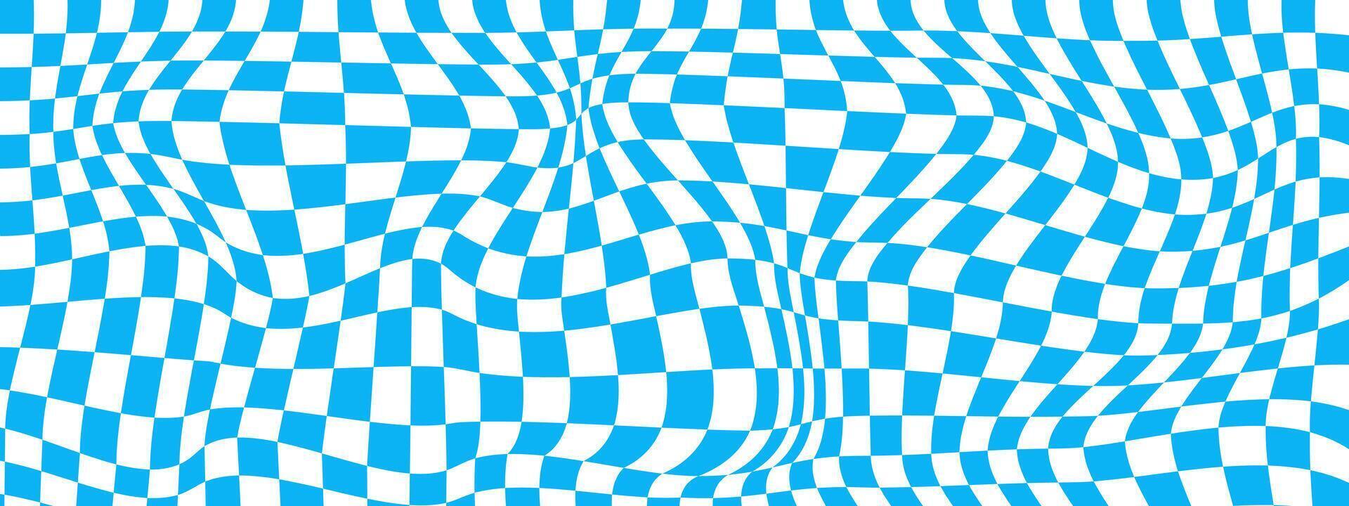 psychedelisch Muster mit verzogen Blau und Weiß Quadrate. verzerrt Schach Tafel Hintergrund. kariert optisch Illusion Wirkung. trippy Schachbrett Textur. vektor