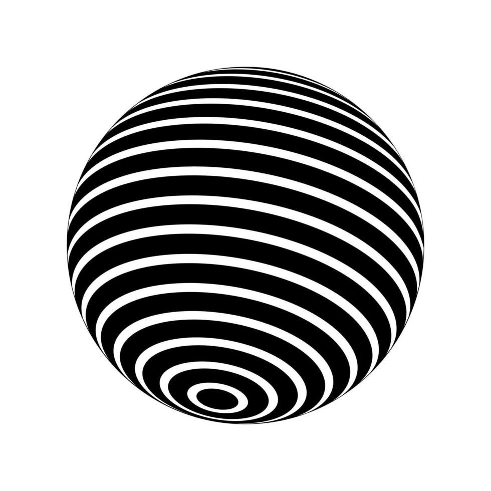 gestreift 3d Kugel. Ball Modell. kugelförmig gestalten mit konzentrisch schwarz und Weiß Kreise Muster. Kugel Oberfläche. Globus Zahl isoliert auf Weiß Hintergrund. vektor