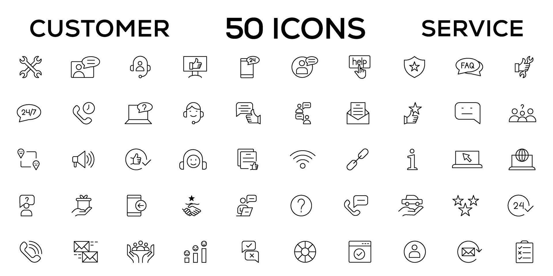 Kunde Bedienung Symbol Satz. enthält Kunde befriedigt, Hilfe, Erfahrung, Rückmeldung, Operator und technisch Unterstützung Symbole. dünn Gliederung Symbole Pack. vektor