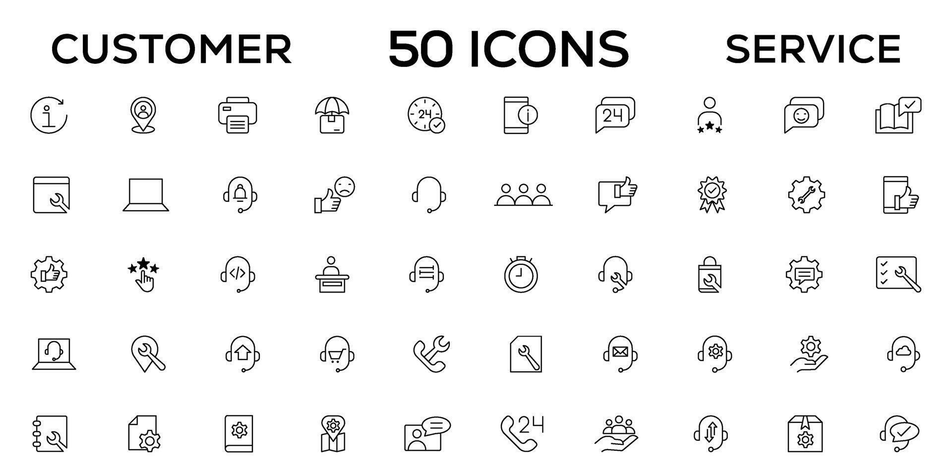 kund service ikon uppsättning. som innehåller kund nöjd, bistånd, erfarenhet, respons, operatör och teknisk Stöd ikoner. tunn översikt ikoner packa. vektor