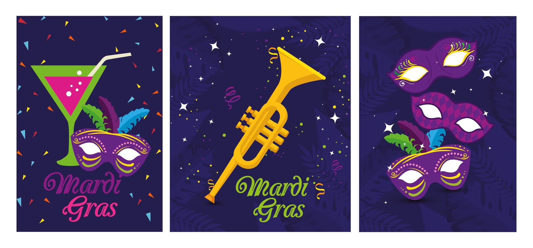 mardi gras trumpet cocktail och masker vektor design