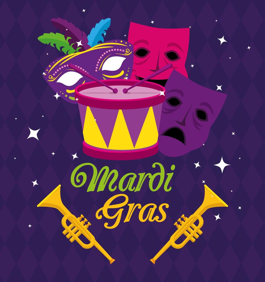 mardi gras maskerar trumpeter och trumma vektor design